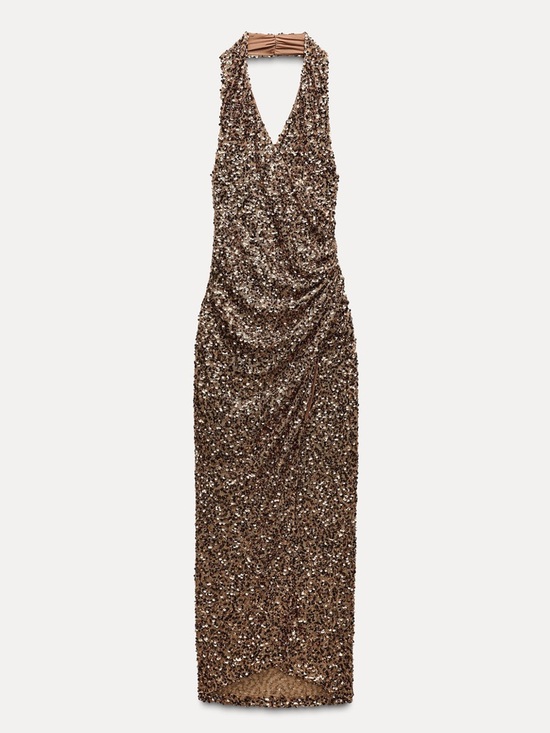 Zara Dresses & Skirts - Zara Bronze Sequin Halter Maxi Dress